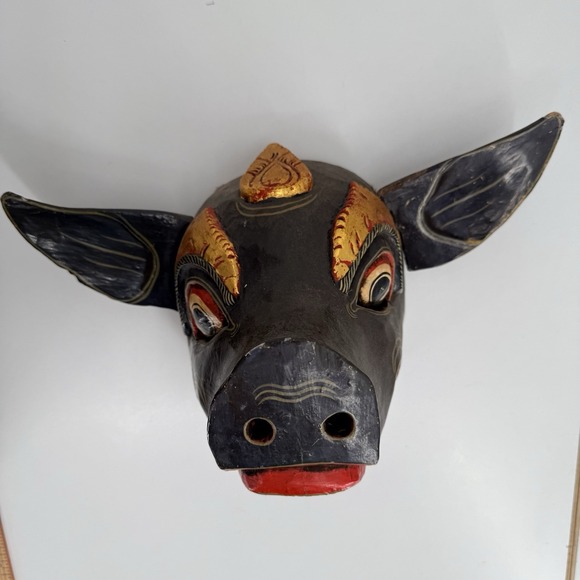Vtg Hand Carved Painted Wood BALINESE Indonesian Pig Wild Boar  9x14" Folk Art - Picture 4 of 16
